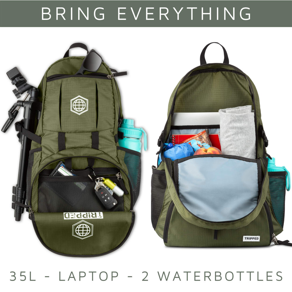 TRIPPED Travel Gear foldable backpack 35L being packed into luggage demonstrates compact travel readiness