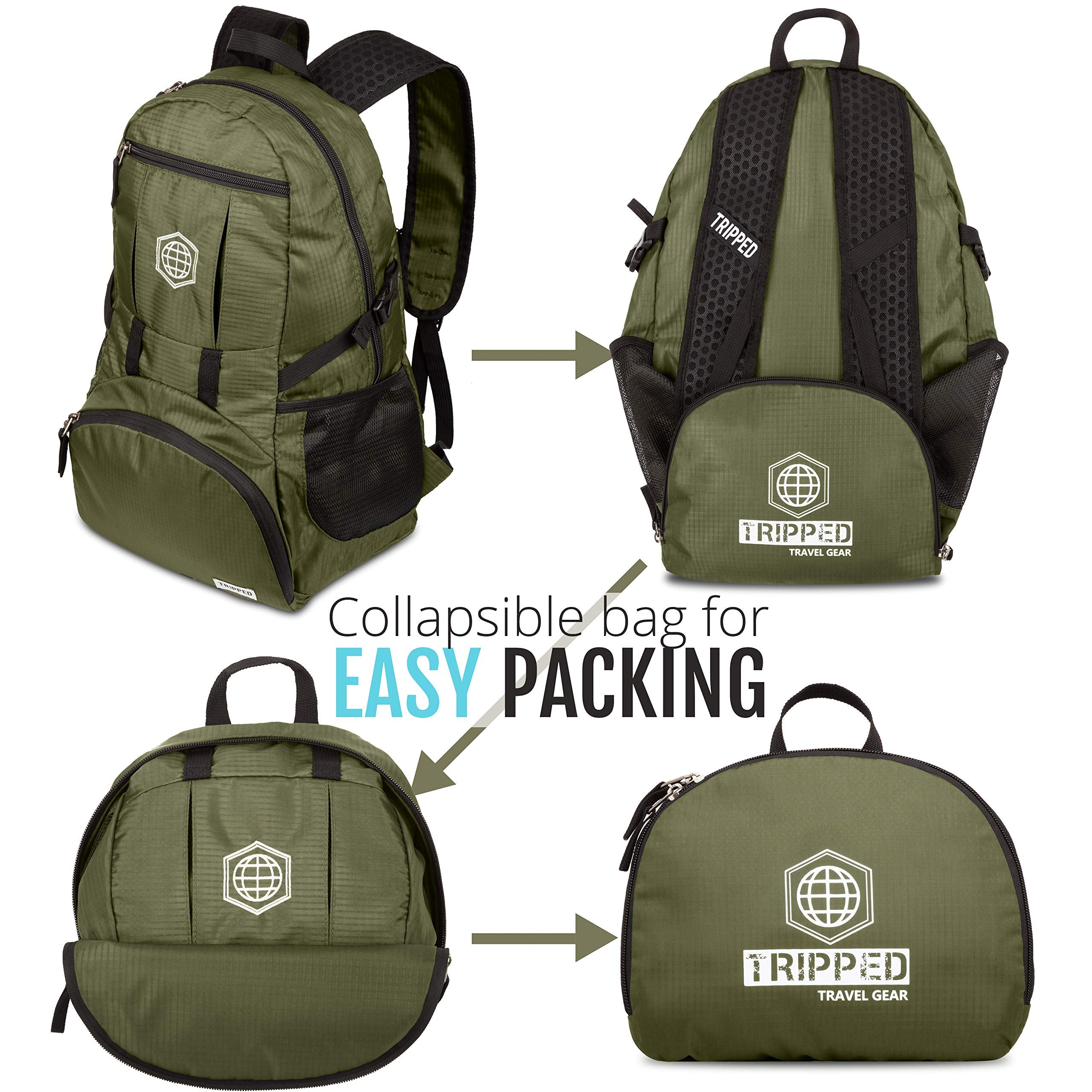 TRIPPED Travel Gear traveling backpack foldable green side pocket emphasizes organized storage on the go