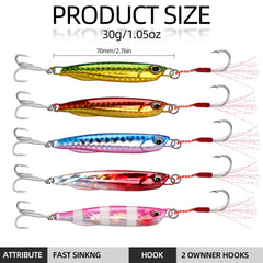 Close-up of feather jigging and treble hooks on Tripquips spoon