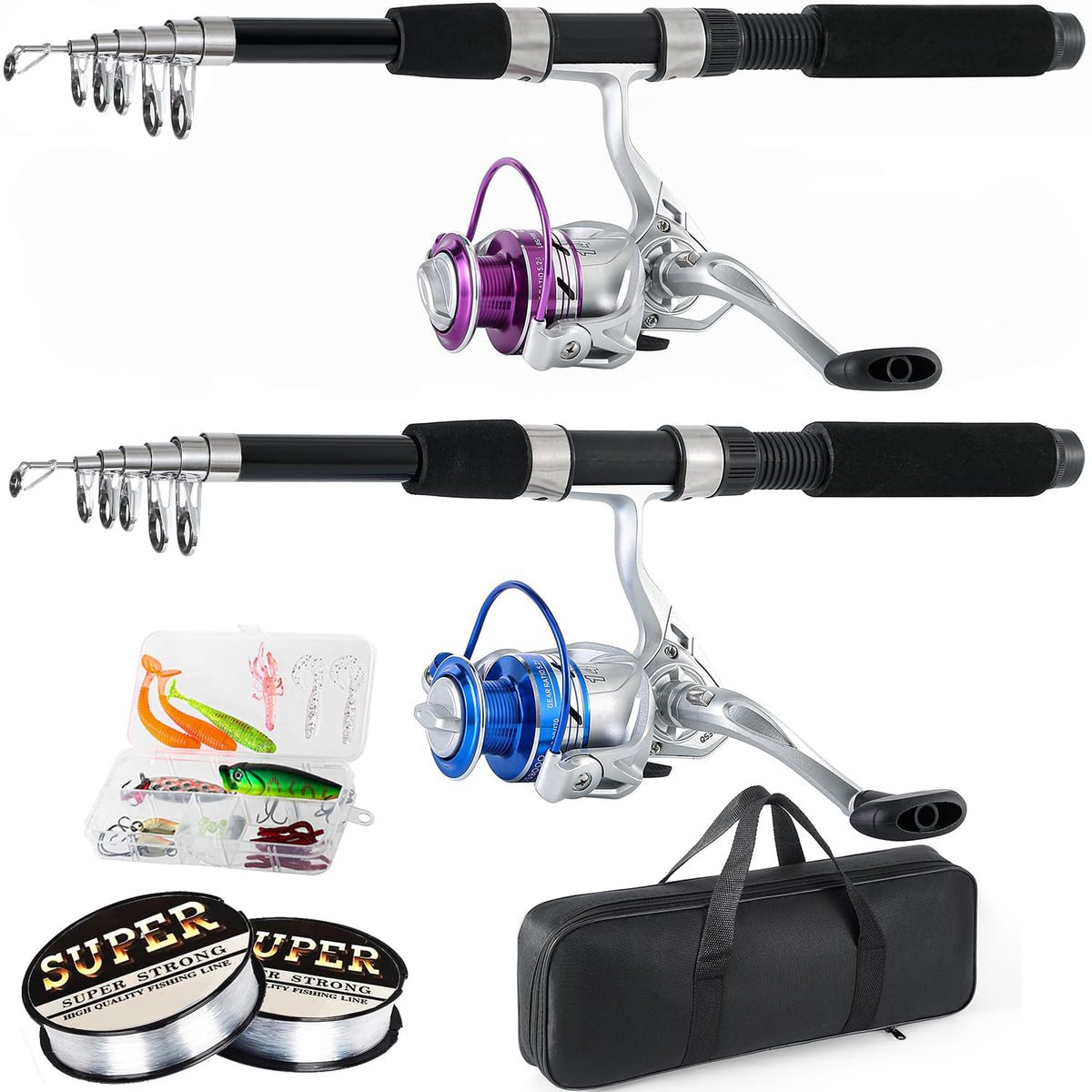 Tripquips 6.9ft telescopic fishing pole pair in blue and purple with carrier bag