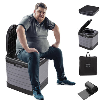 TRIPTIPS portable potty folded for compact car storage and quick setup.