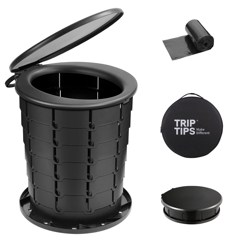 TRIPTIPS Upgrade Retractable Portable Toilet folded for easy transport and storage.