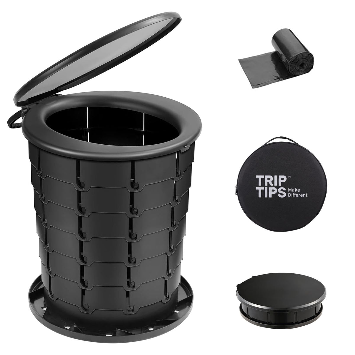 TRIPTIPS Upgrade Retractable Portable Toilet folded for easy transport and storage.