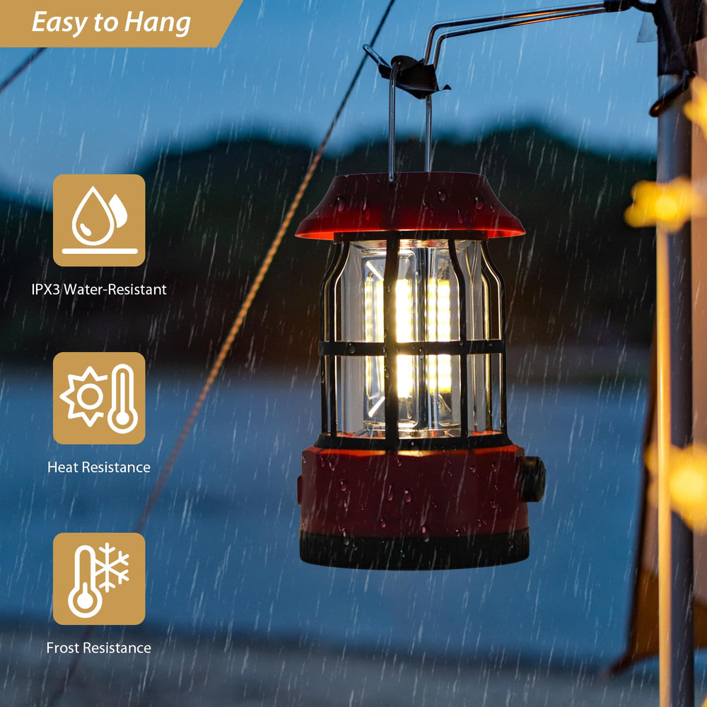 TRIROCKS IPX3 water-resistant camping lantern for reliable tent illumination.