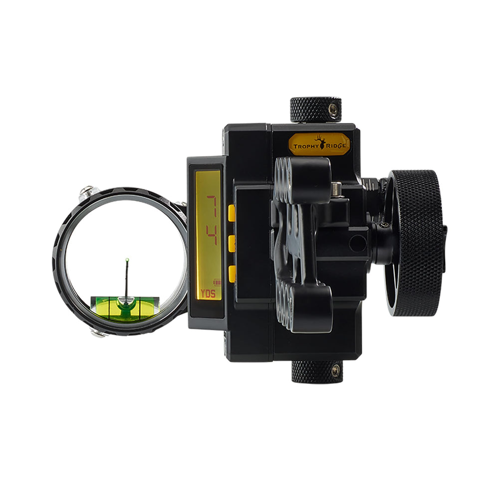 Trophy Ridge Digital React One Pin screen close-up highlights LCD yardage readouts for quick aiming.