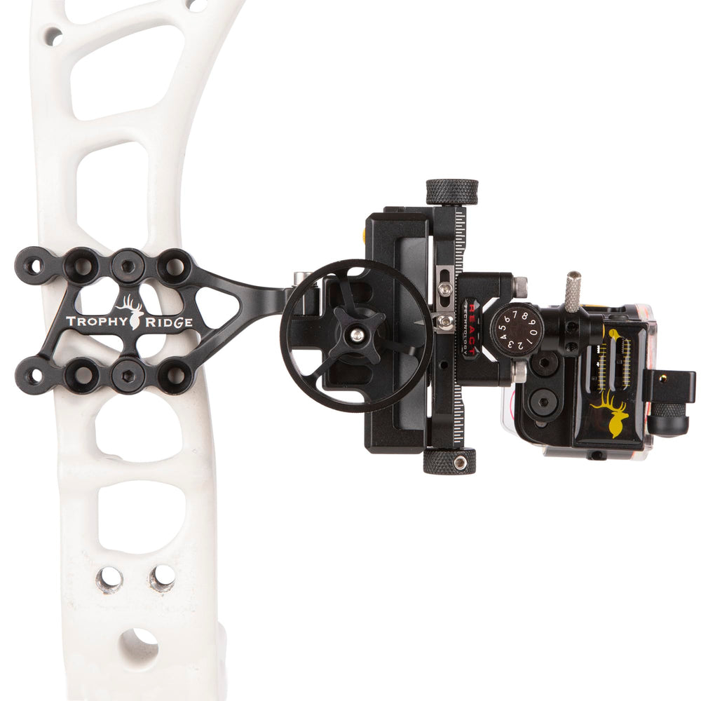 Trophy Ridge Digital React three-pin sight ready for precise yardage correction.