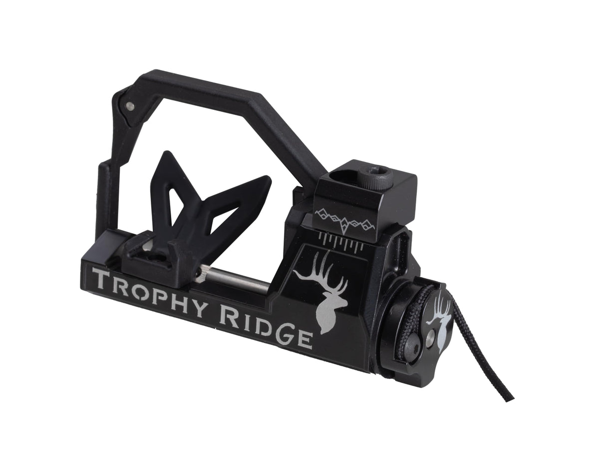 Trophy Ridge Propel IMS arrow rest mounted, front view showing limb-driven reliability for quiet hunting.