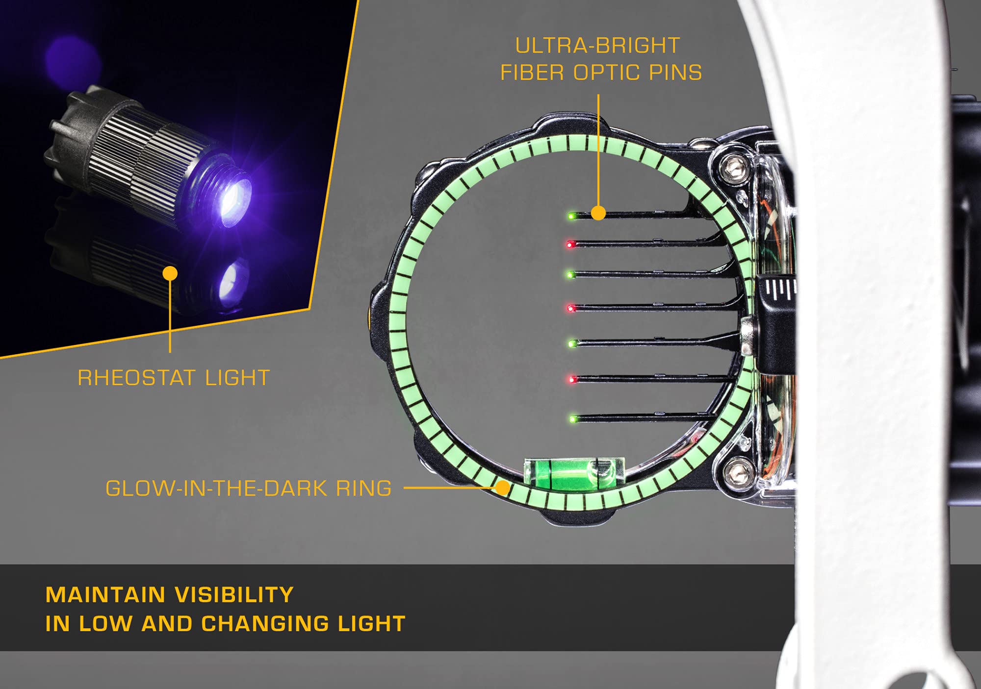 Trophy Ridge React Pro 7-pin sight tool-less windage and elevation corrections.