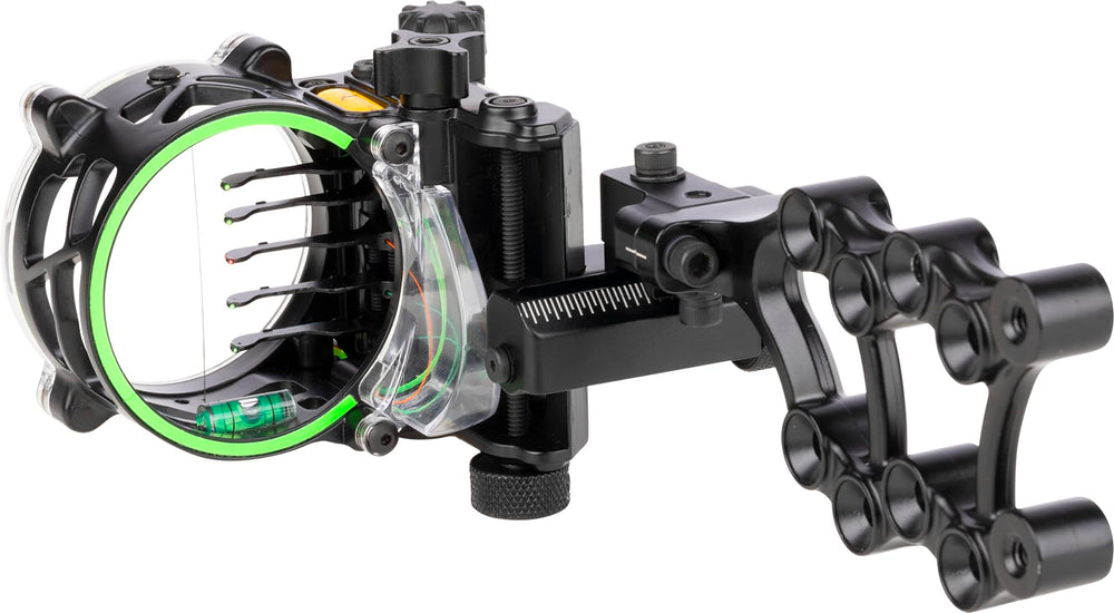 Trophy Ridge stacked 5-pin sight front view shows durable aluminum construction for reliable accuracy