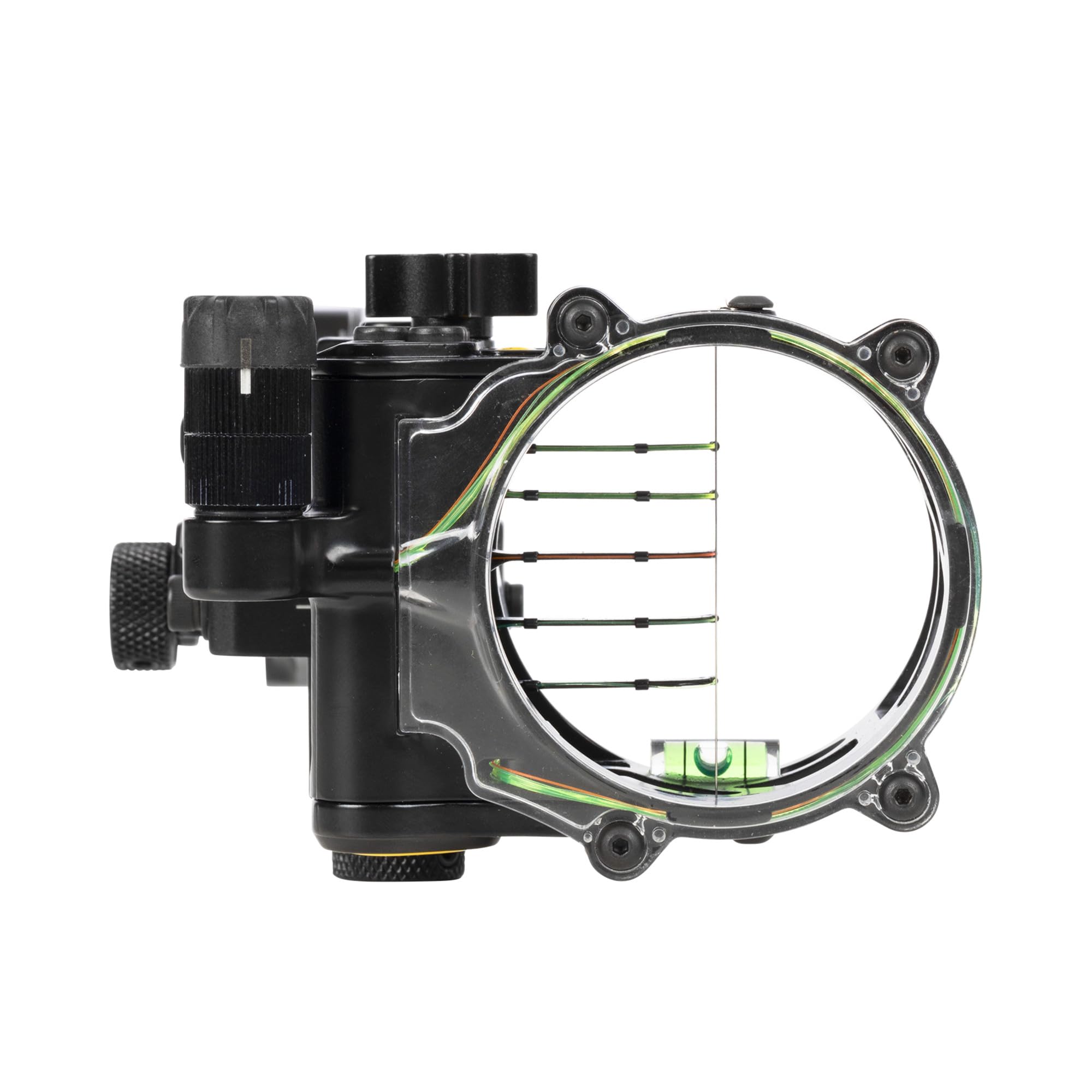 Trophy Ridge stacked 5-pin sight micro-adjustment area demonstrates precise tuning for each distance