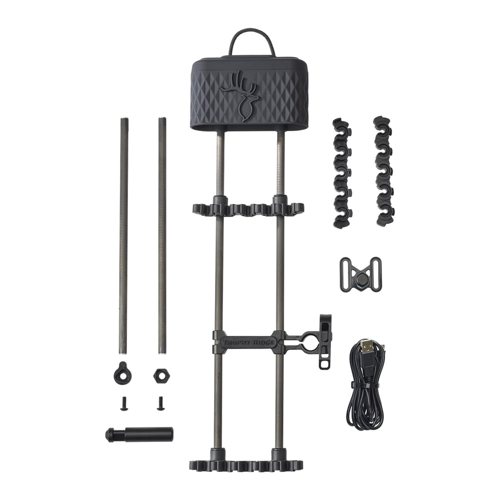 Trophy Ridge VRSA Light Quiver on bow riser with adapters showing low-profile mounting.