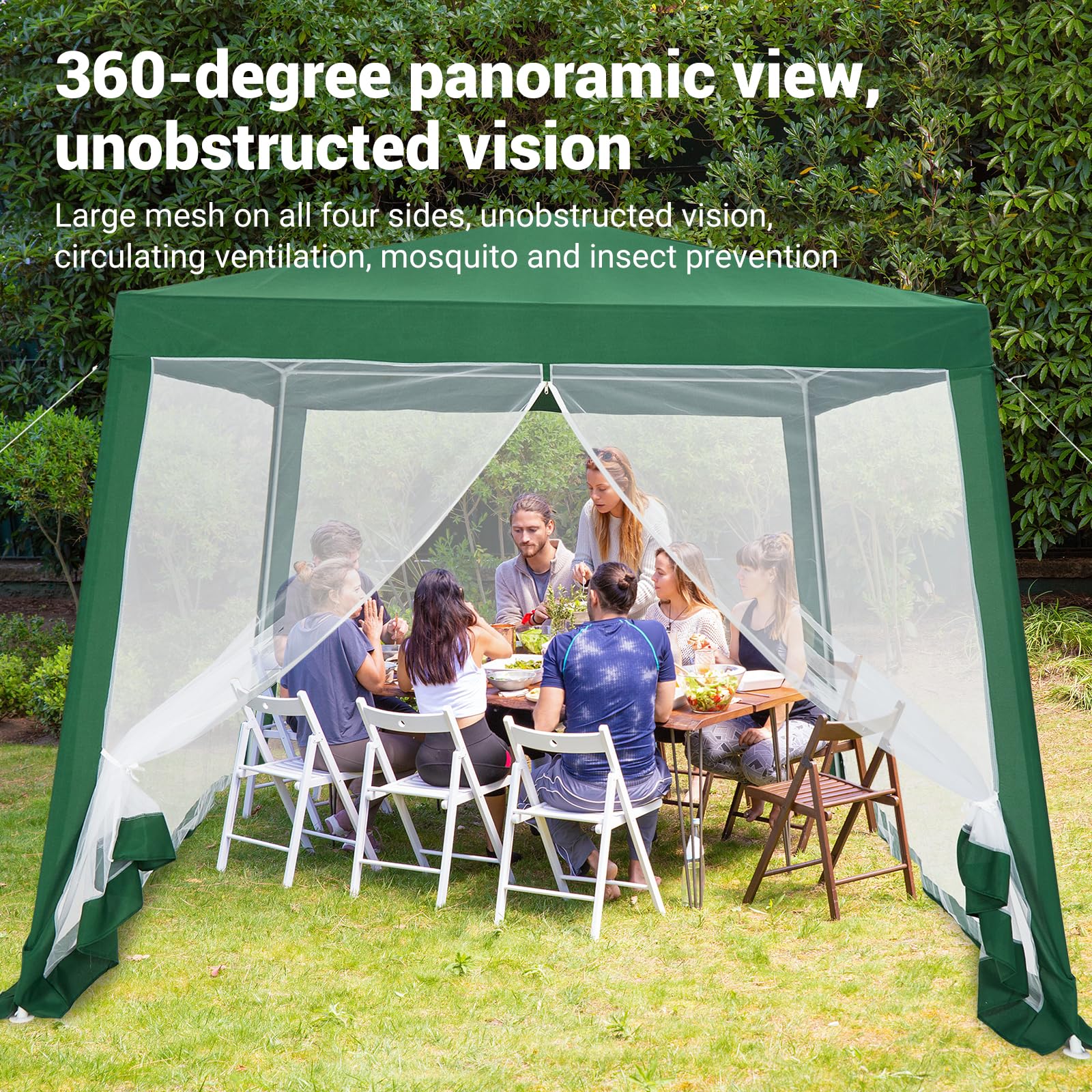 TROPOW outdoor gathering setup shows space for 7-8 guests under the canopy.