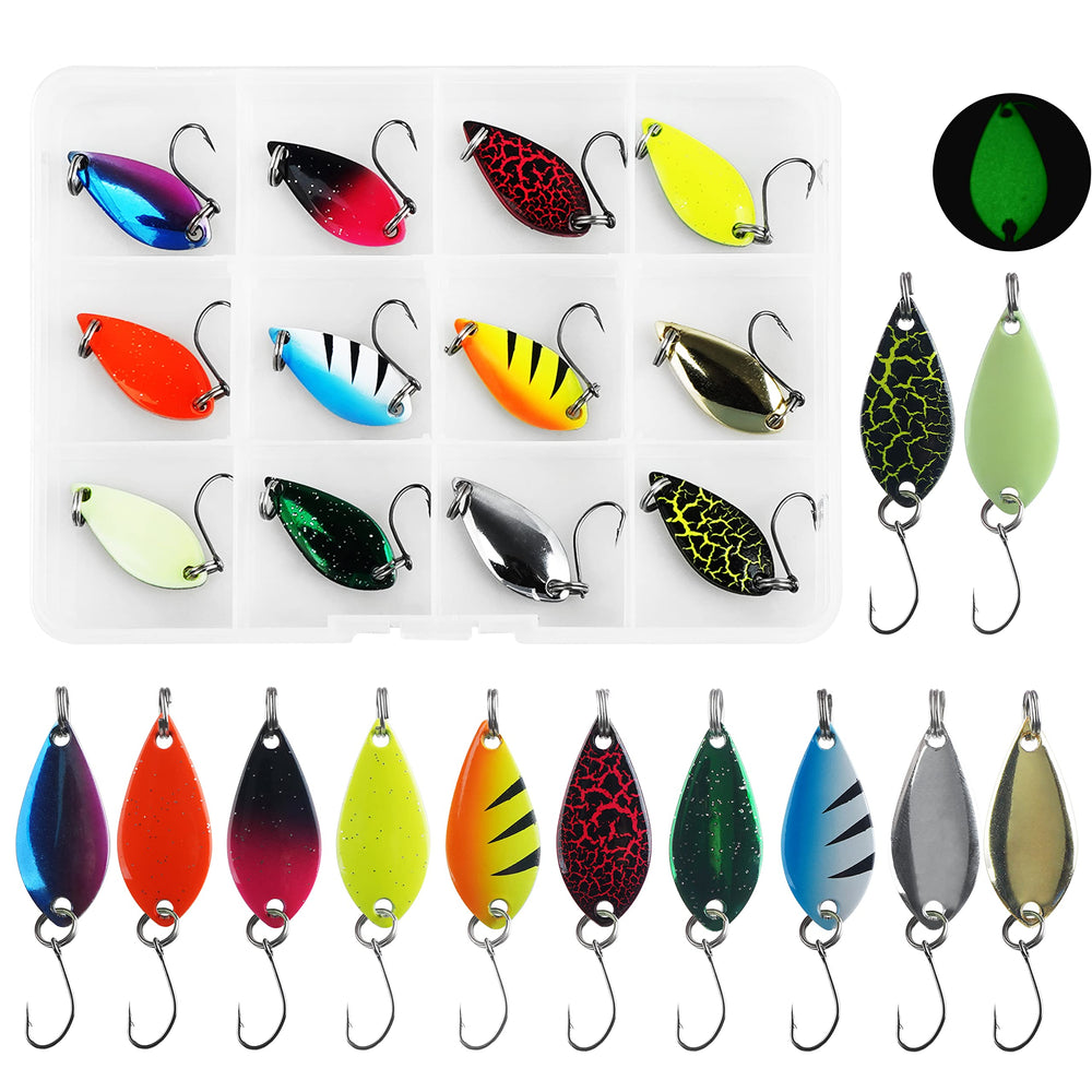 Set of trout fishing spoons in a tackle box