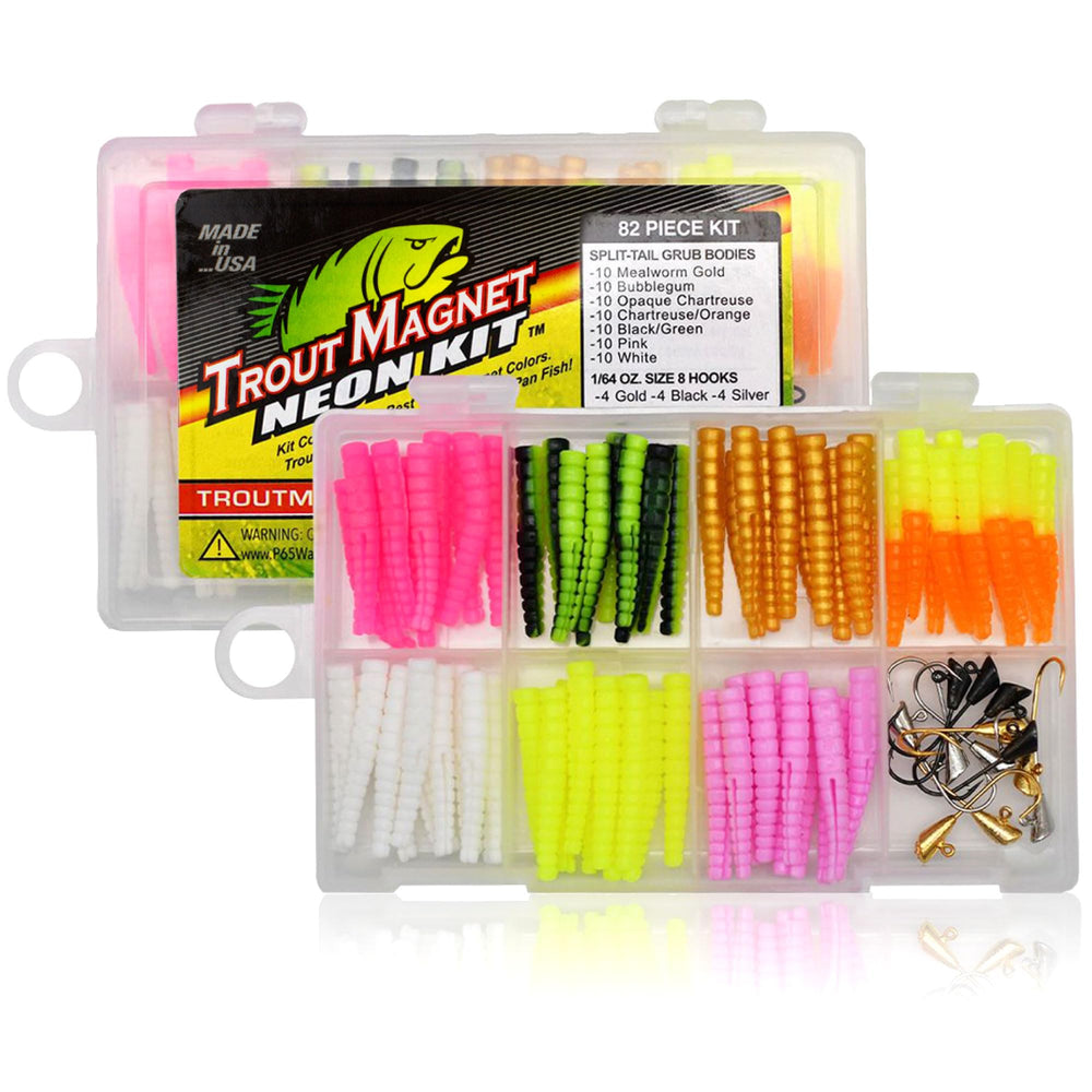 Trout Magnet Neon Kit - 82-piece fishing kit with neon grub bodies and hooks