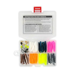 TNT Kit contents showing 70 soft plastic bodies and 12 jig heads