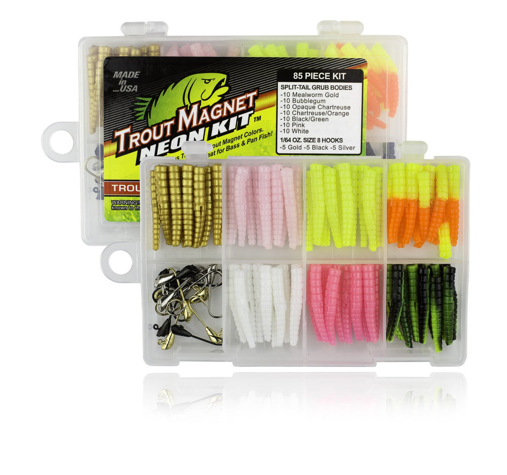 Assorted lures and 70 split-tail grub bodies included in the kit