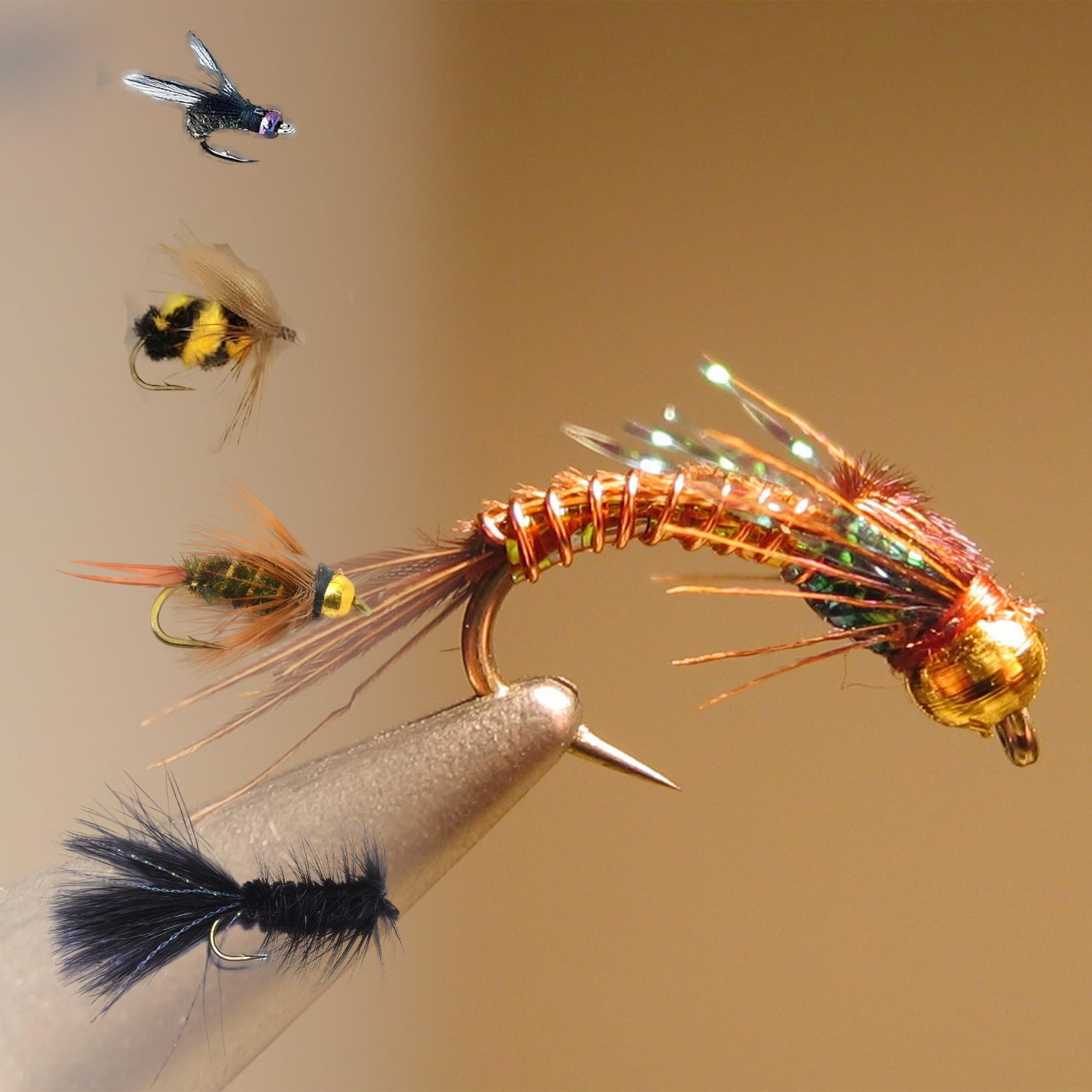Flies designed for trout, salmon, steelhead, and bass in a variety of patterns