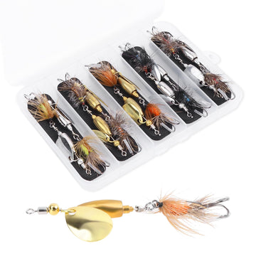 Ten-piece Trout Spinner Lures kit with five colors: gold, orange, blue, light brown, and red