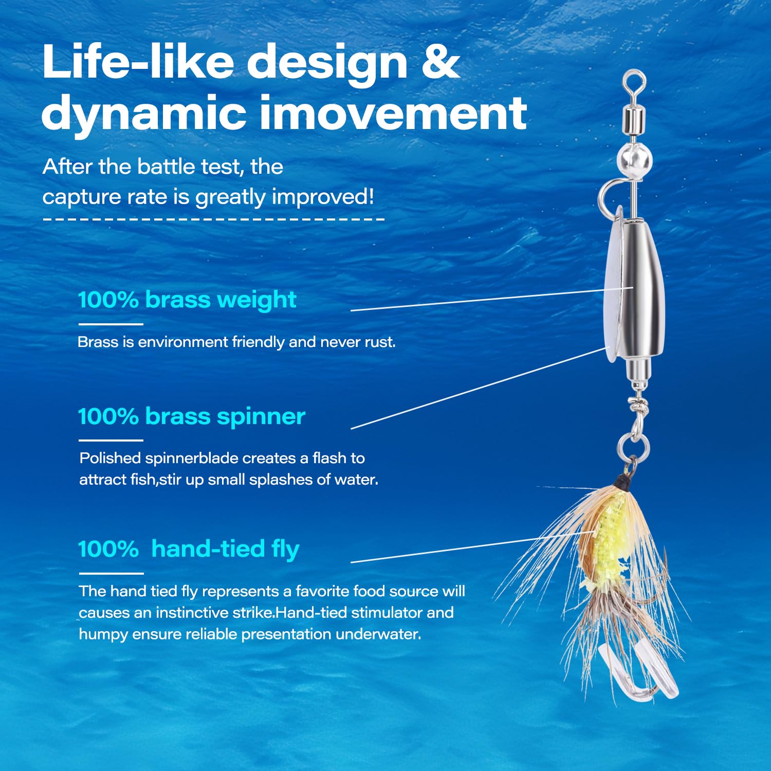 Close-up of rotating brass blade and hand-tied fly on a spinnerbait