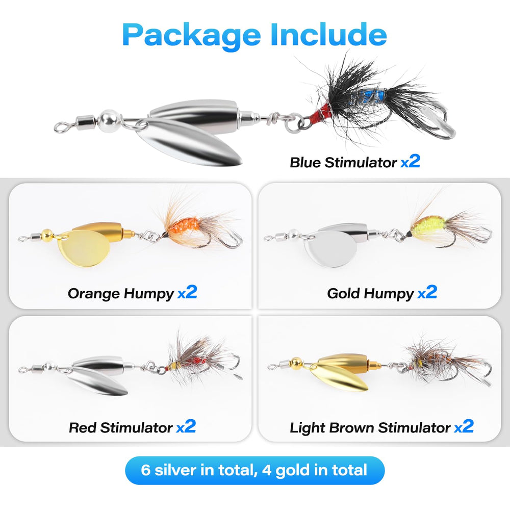 Assorted colors and sizes of trout spinner lures laid out