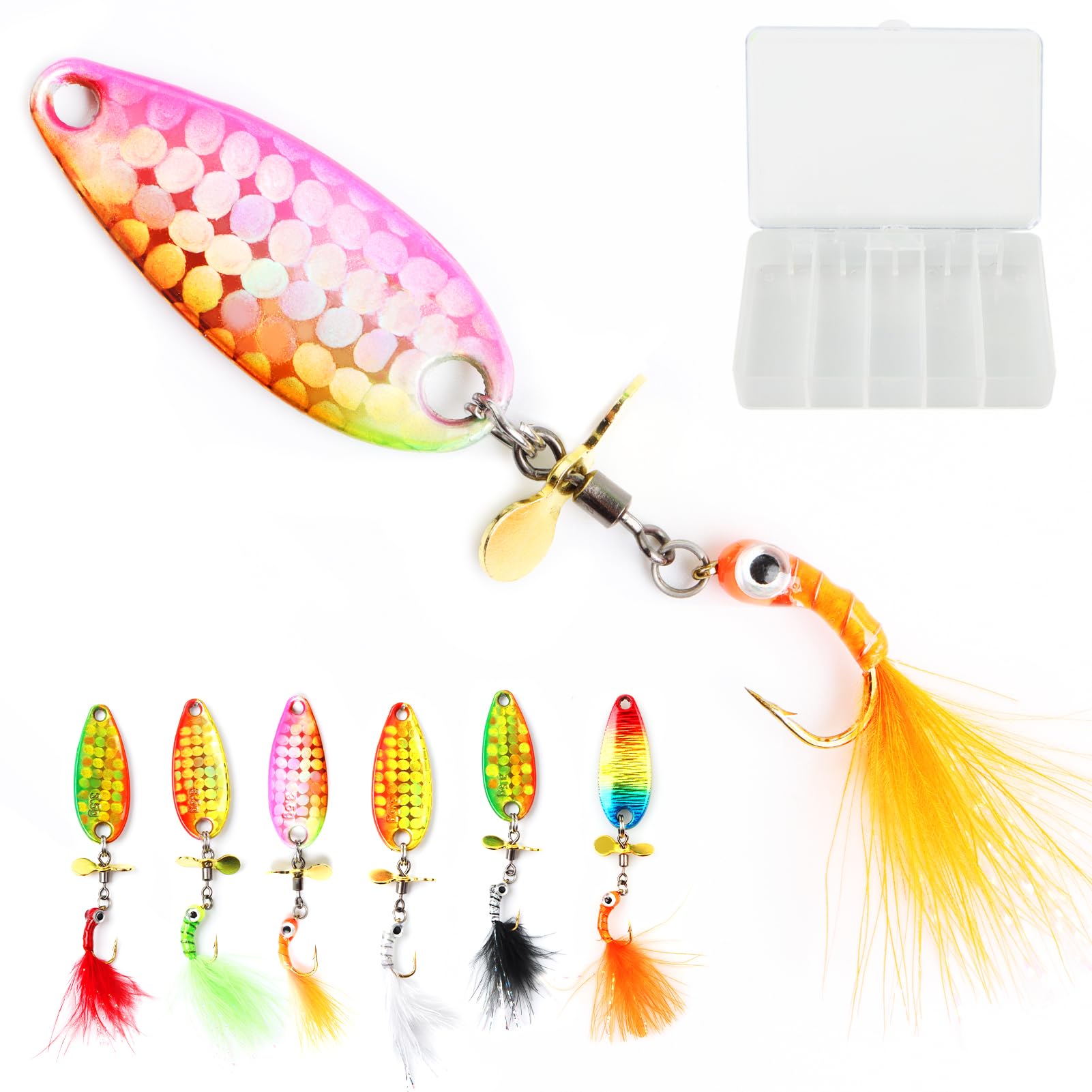 Rainbow trout spoon lures with hand-tied colorful feathers and 1/8oz weight