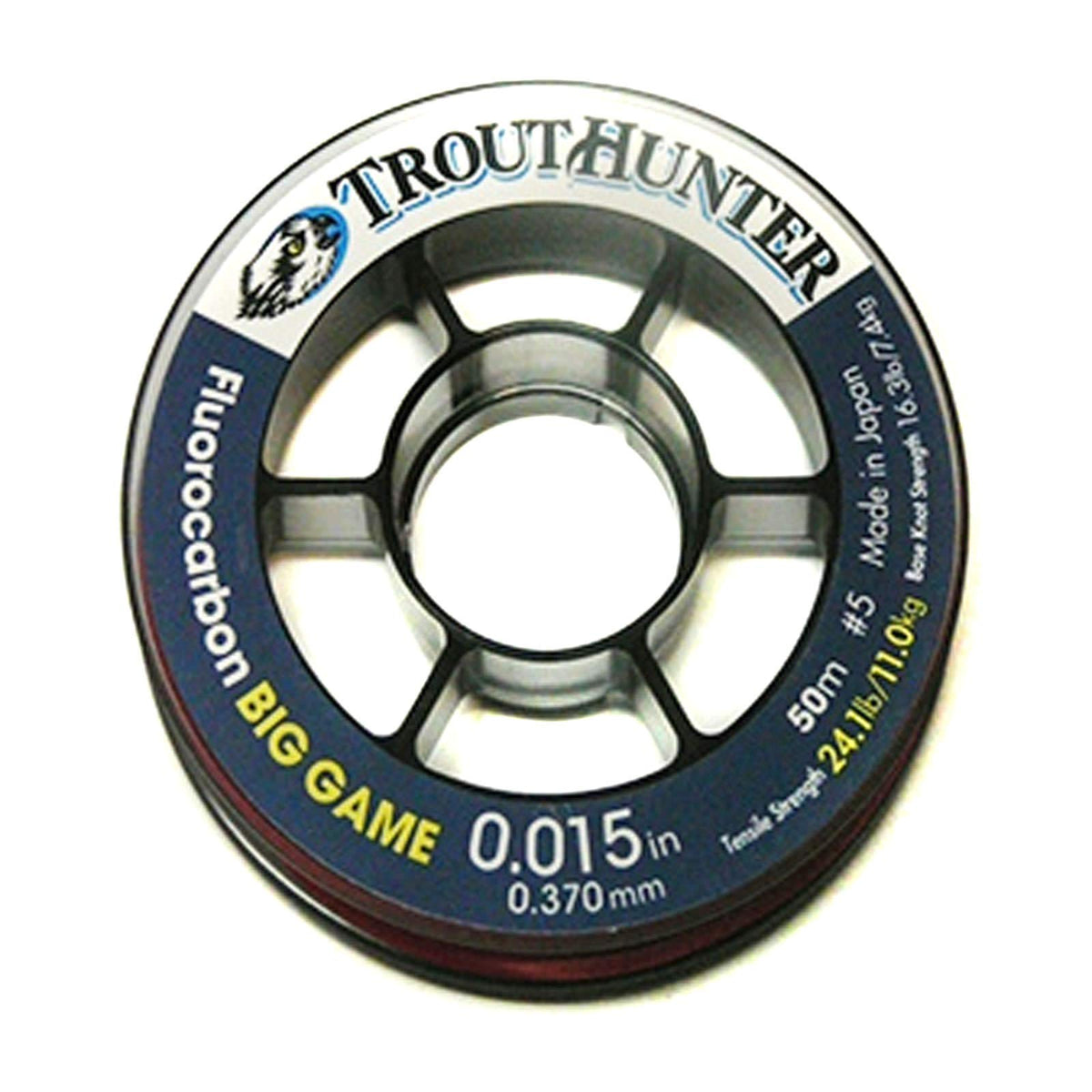 TroutHunter big game fluorocarbon tippet spool close-up, 0.017 in diameter, 50 m length for strong, abrasion-resistant fishing