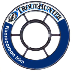 TroutHunter fluorocarbon tippet 3-pack in 3X, 4X, 5X with 50m spools on compact misty gray large arbor spool