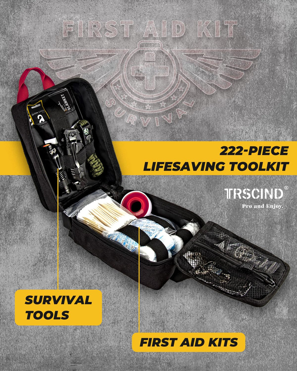 TRSCIND Survival Kit 222in1 tools spread highlights versatile gear for camping and hiking