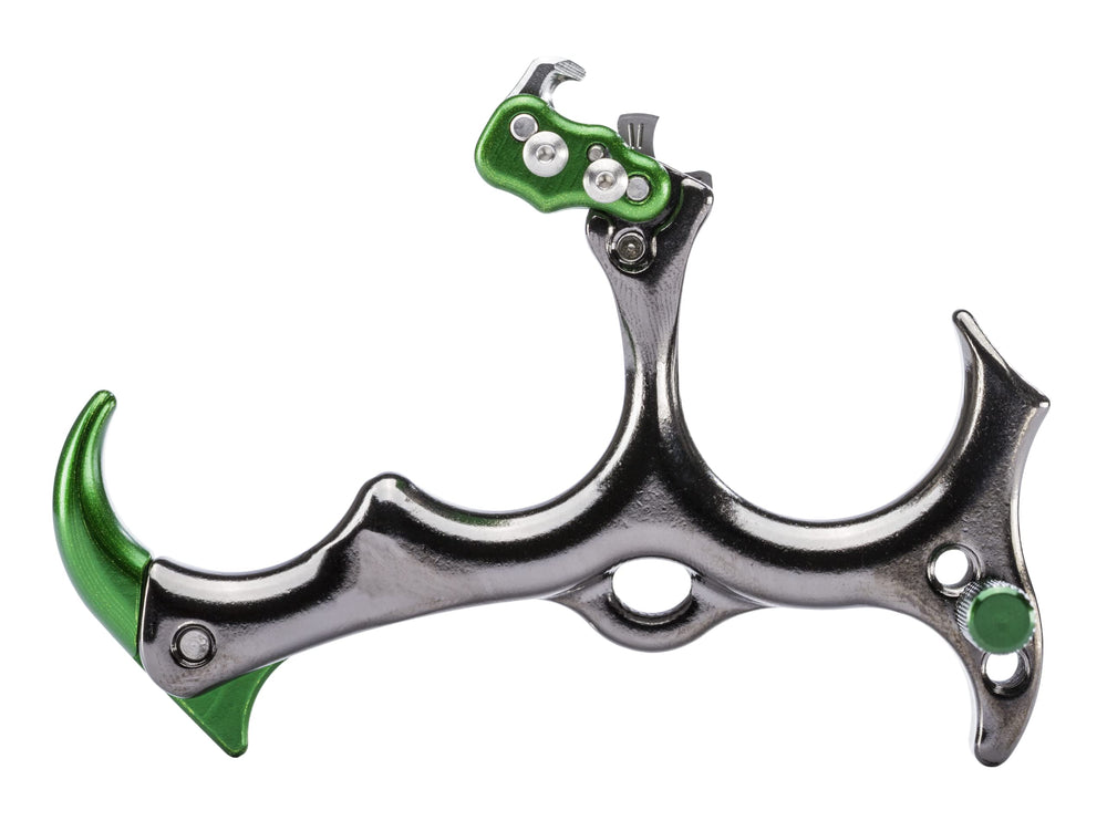 Tru-Fire Sear handheld archery release in green showing a comfortable grip for steady aim