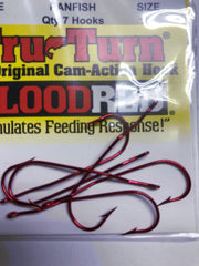 Close-up of red Tru Turn Aberdeen hook size 1/0