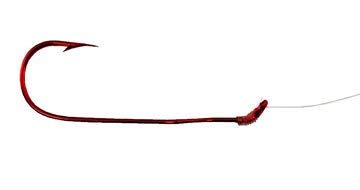 Tru Turn Blood Red Snelled Hooks closeup for precise baiting and quick rigging.
