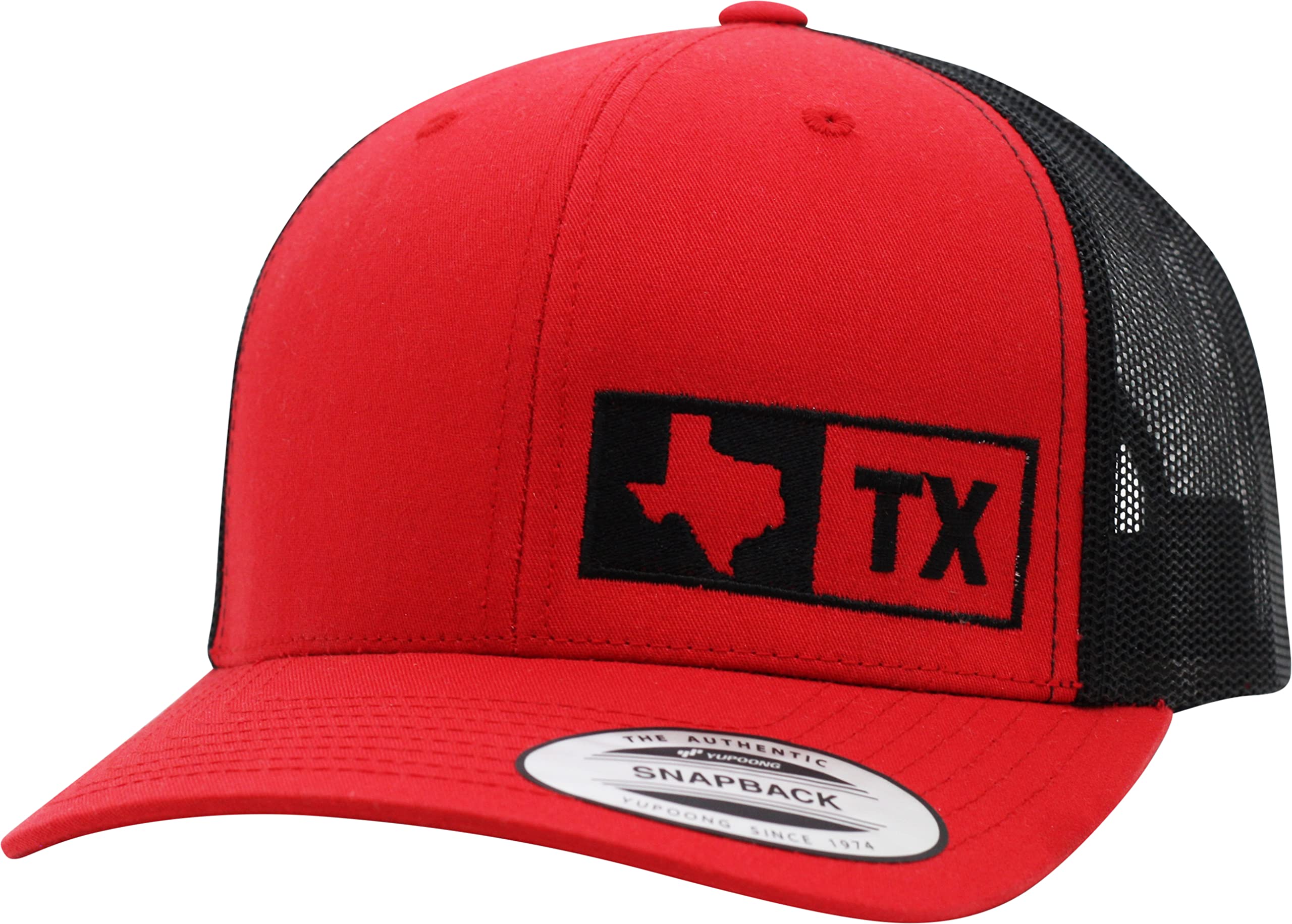 Front view of Trucker Hat Texas in Red/Black with embroidered logo