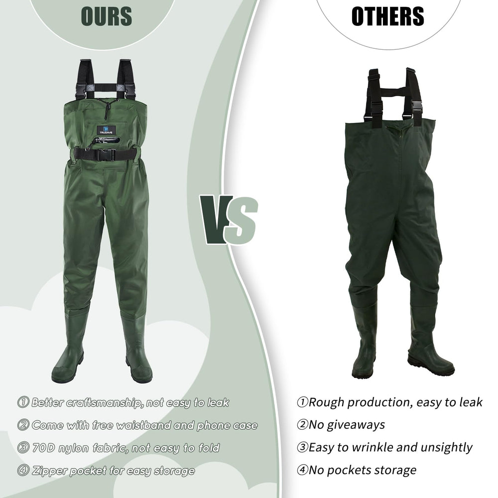 Trudave chest waders crafted from durable 70D nylon with PVC boots for rugged outdoor use.