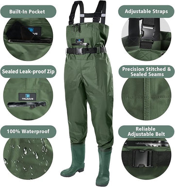 Trudave chest waders knee padding close up for rugged terrain.