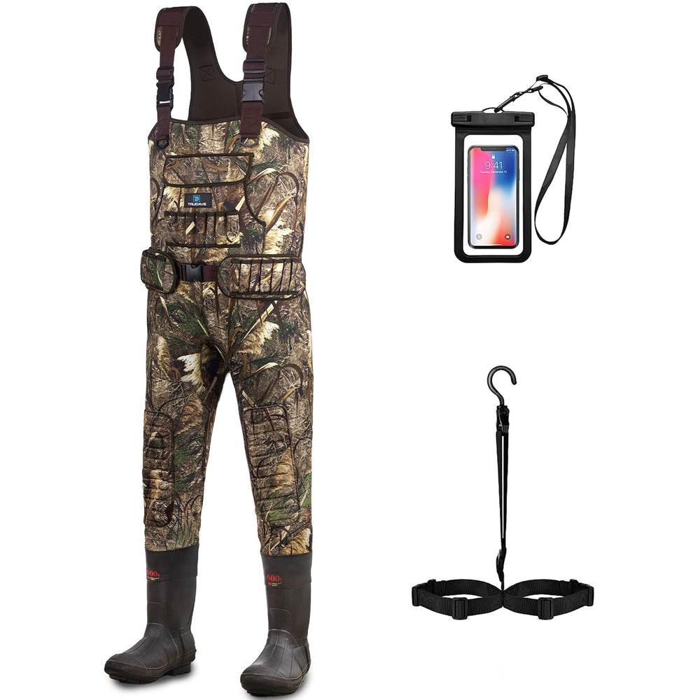 Trudave fishing waders outer view demonstrates durable neoprene upper.