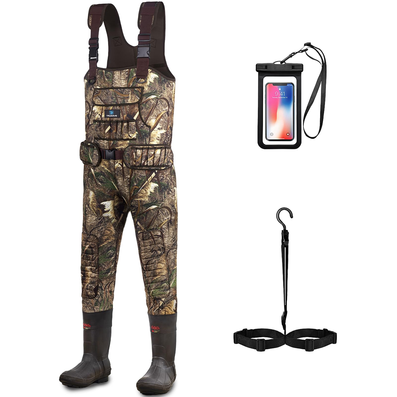 Trudave fishing waders outer view demonstrates durable neoprene upper.
