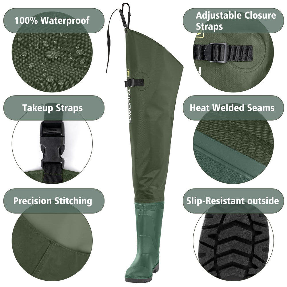 Trudave hip waders with heat-welded boot attachment ensuring a durable waterproof seal.