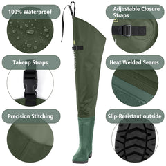 Trudave hip waders with heat-welded boot attachment ensuring a durable waterproof seal.