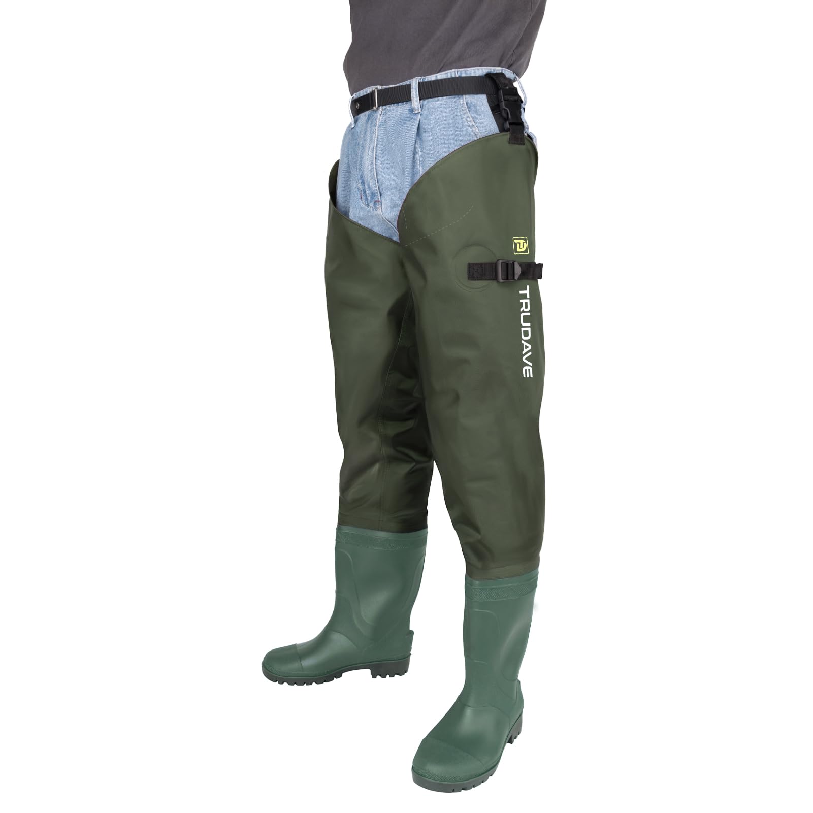 Trudave hip waders in river scene show versatile fishing and hunting use.