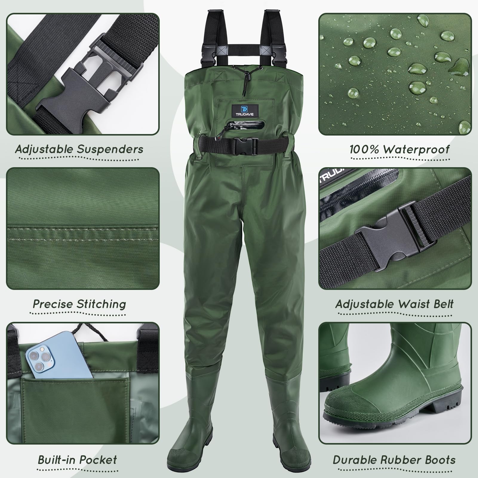 Trudave kids chest waders show adjustable shoulder straps for growing children.