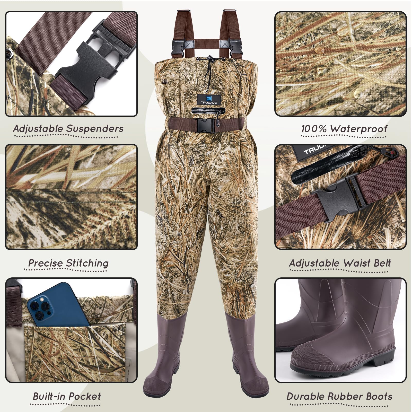 Trudave kids chest waders boots closeup shows sturdy PVC boots for rocky riverbeds.