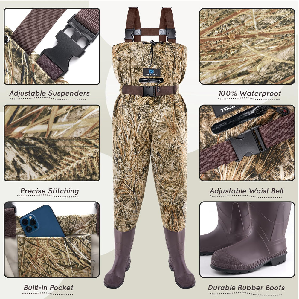 Trudave kids chest waders boots closeup shows sturdy PVC boots for rocky riverbeds.