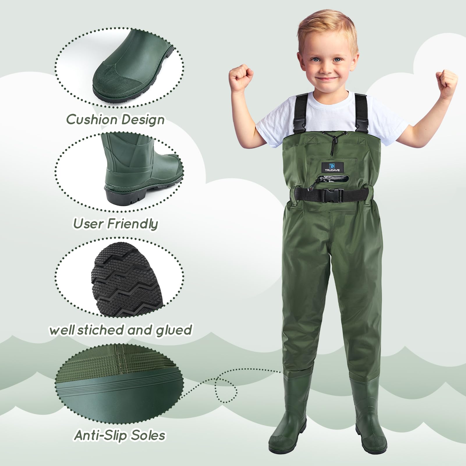 Trudave chest waders with heat-pressed seams provide waterproof reliability.
