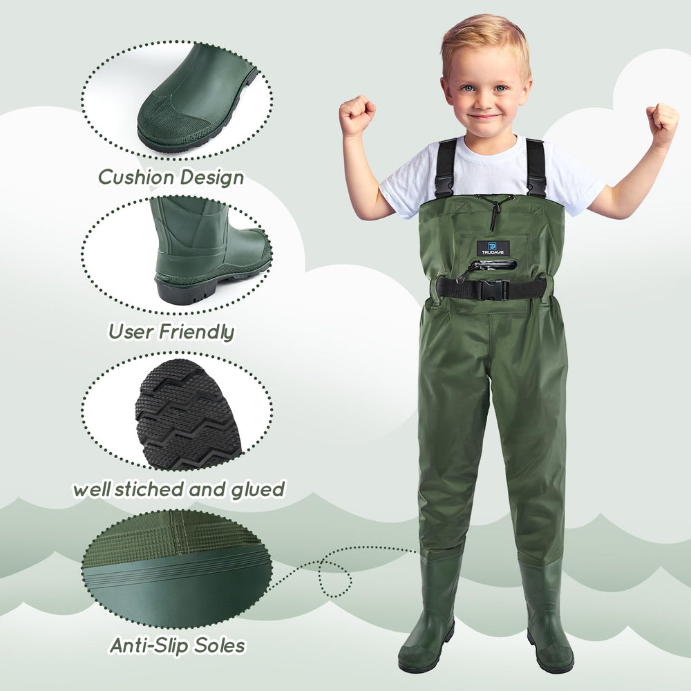 Trudave chest waders with heat-pressed seams provide waterproof reliability.
