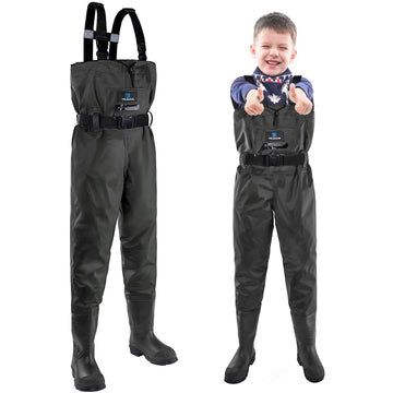 Trudave kids chest waders on child in muddy pond stay dry during exploration