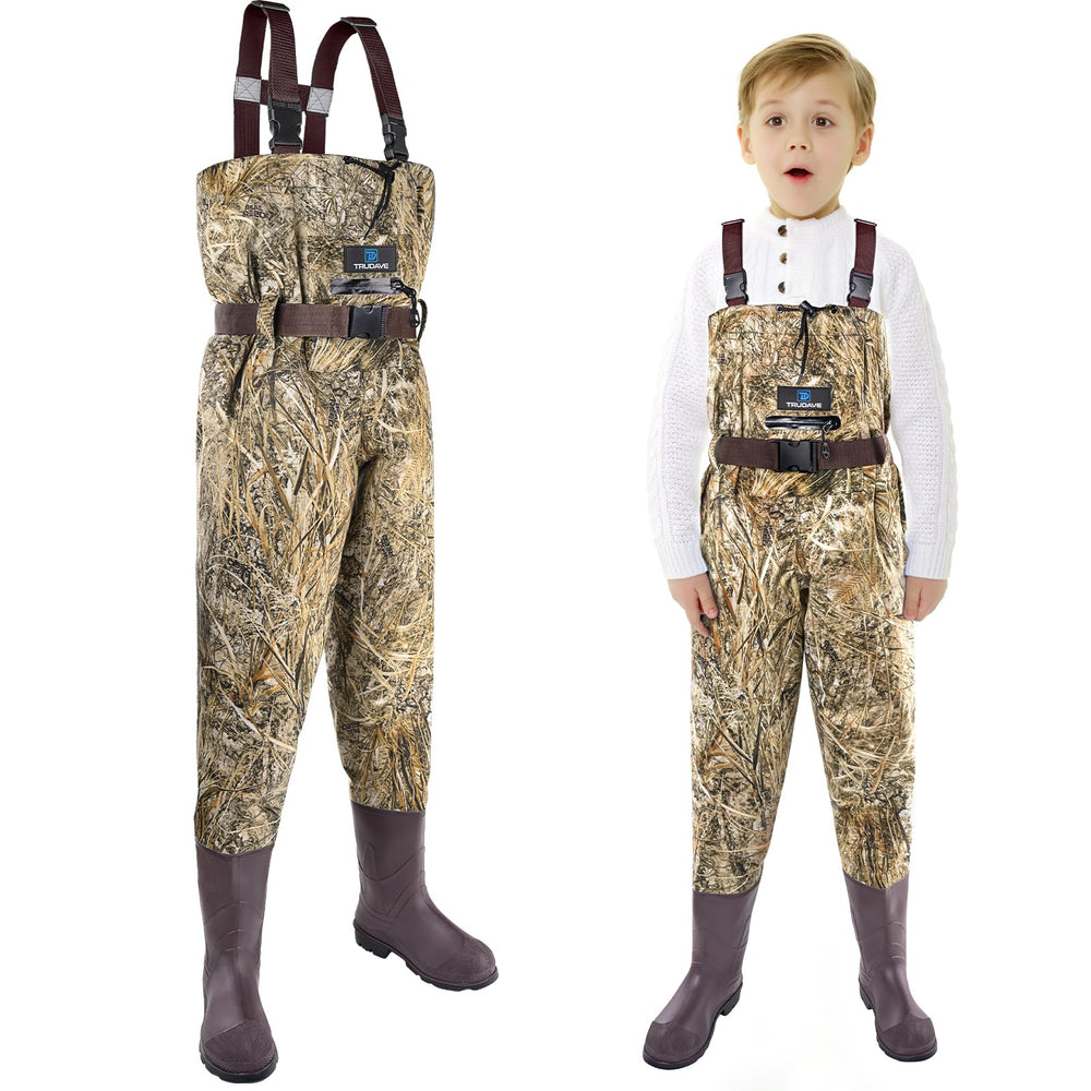 Trudave kids chest waders setup keeps children dry during muddy river explorations.