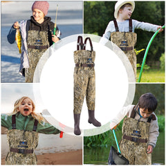 Trudave kids chest waders adjustable shoulder straps show quick-release buckle fit.