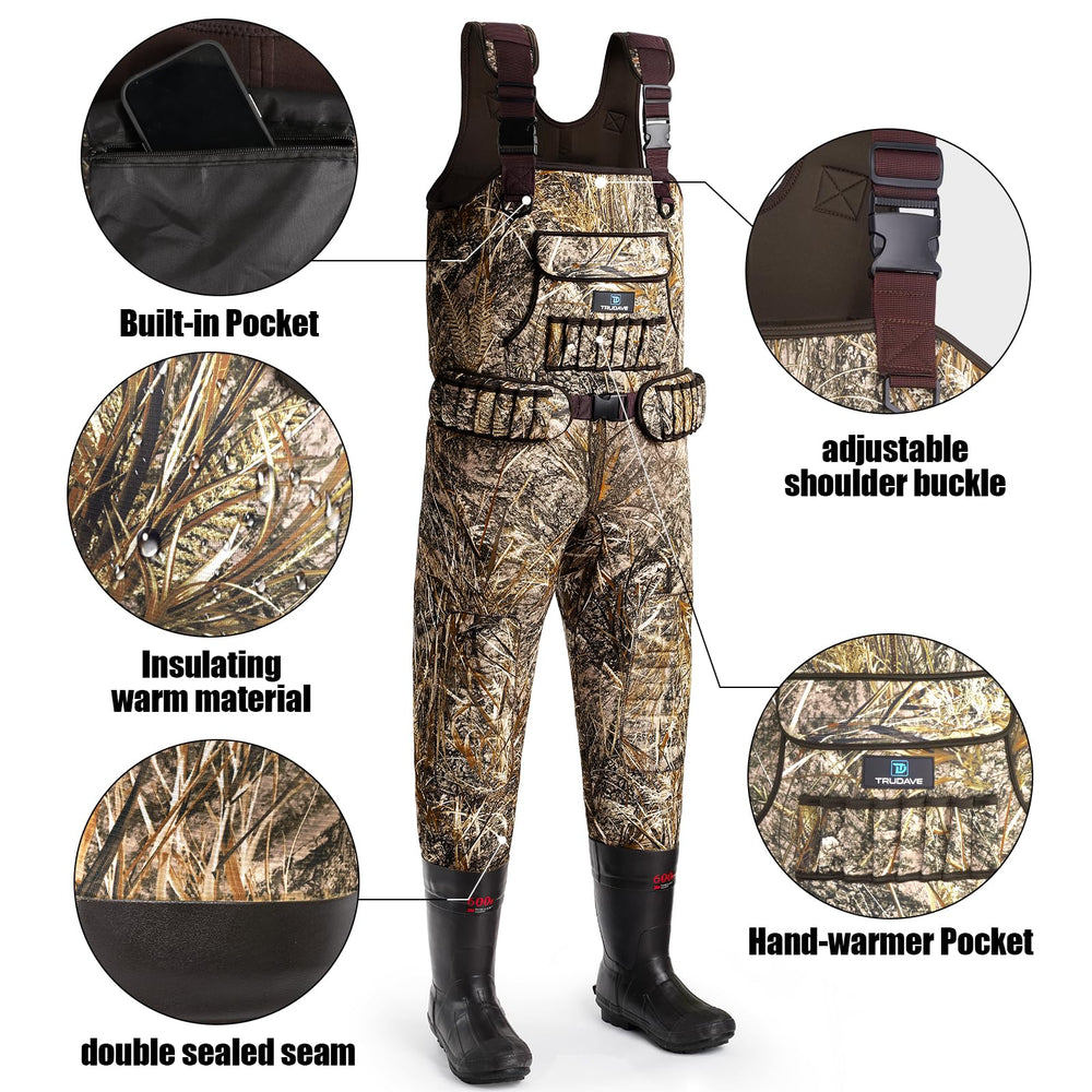 Trudave waders feature 4-5mm neoprene for durable warmth during cold-water activities.