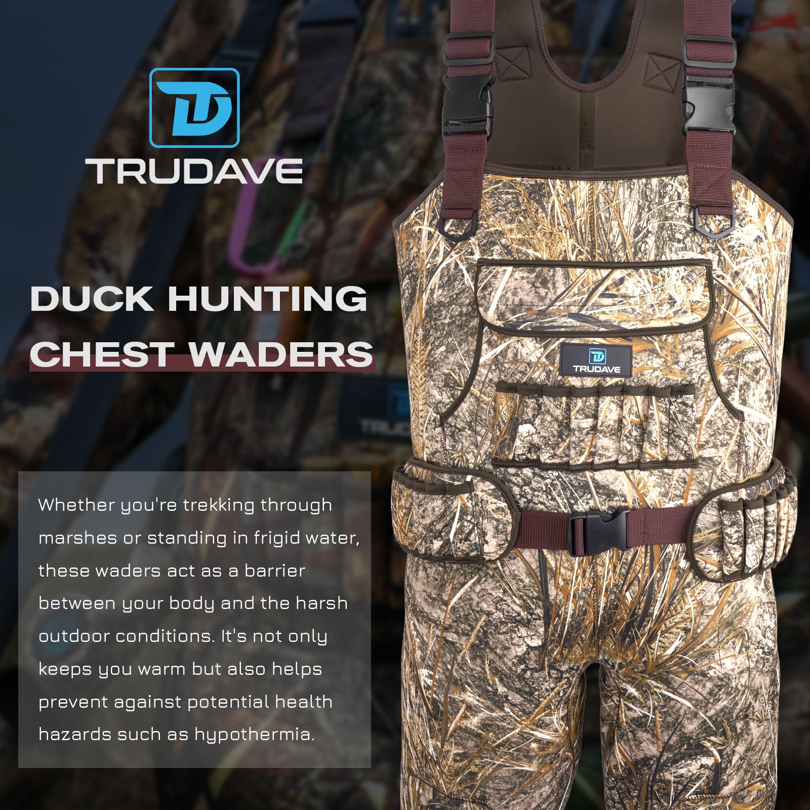 Trudave waders adjustable straps and knee pads adapt to your body.