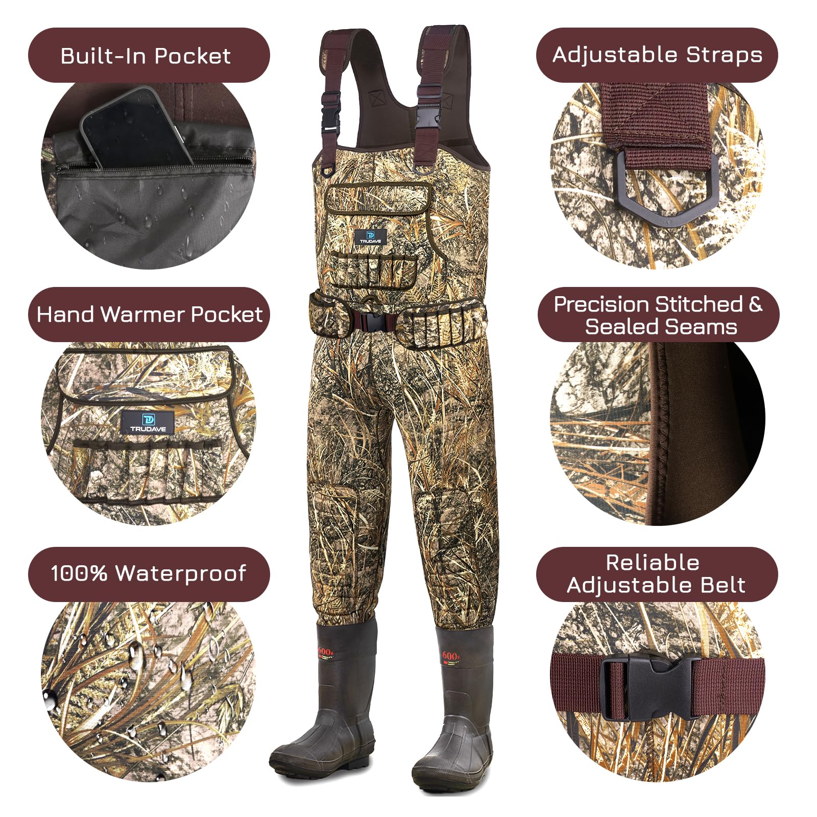 Trudave waders sealed seams highlight waterproof performance for wetland fishing.
